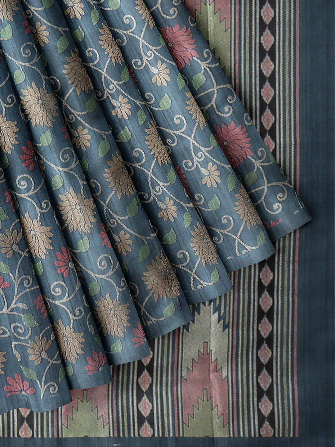 Women Blue Semi Tussar Printed Saree ST254 - Image 5