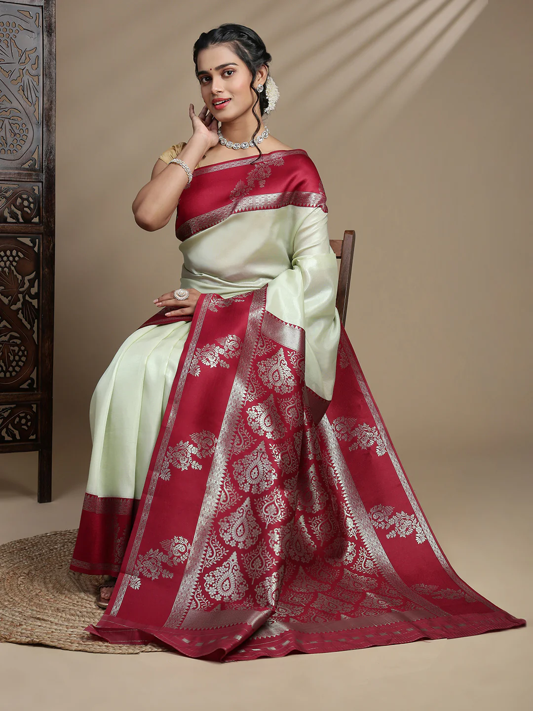 Women Moss Green Tissue Saree TS56 - Image 2