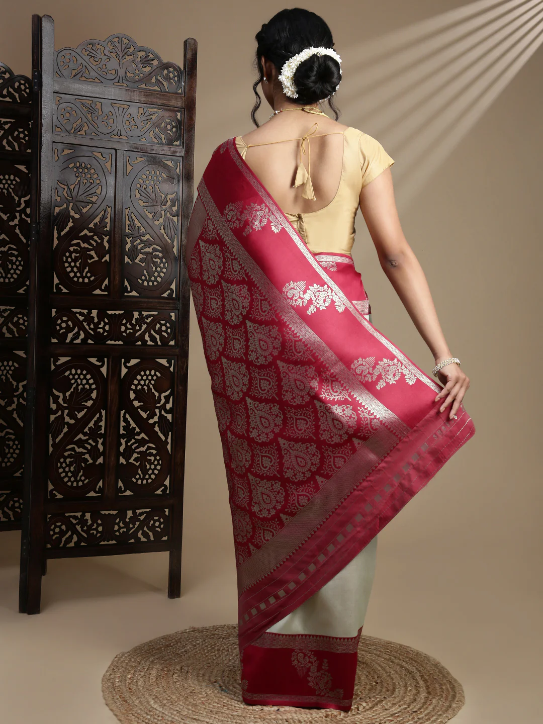 Women Moss Green Tissue Saree TS56 - Image 4