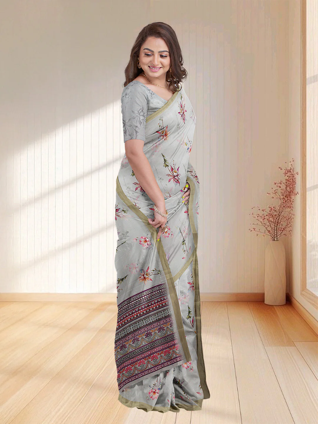 Women Silver Grey Semi Tussar Printed Saree ST249 - Image 3