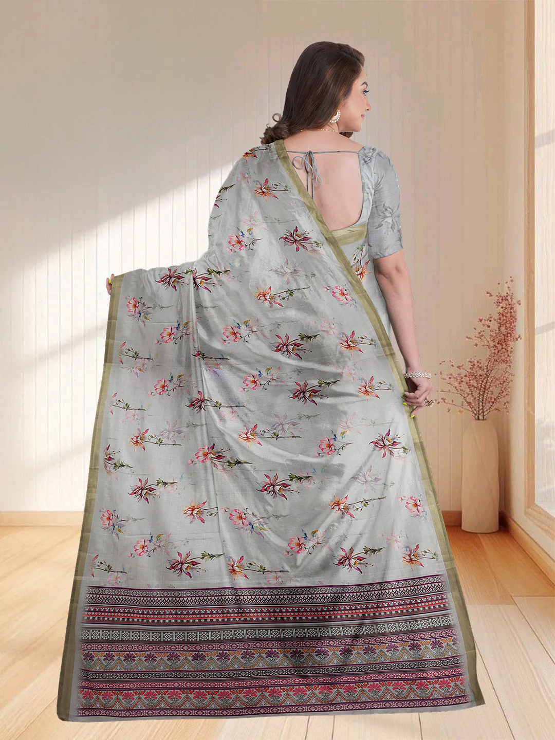 Women Silver Grey Semi Tussar Printed Saree ST249 - Image 4