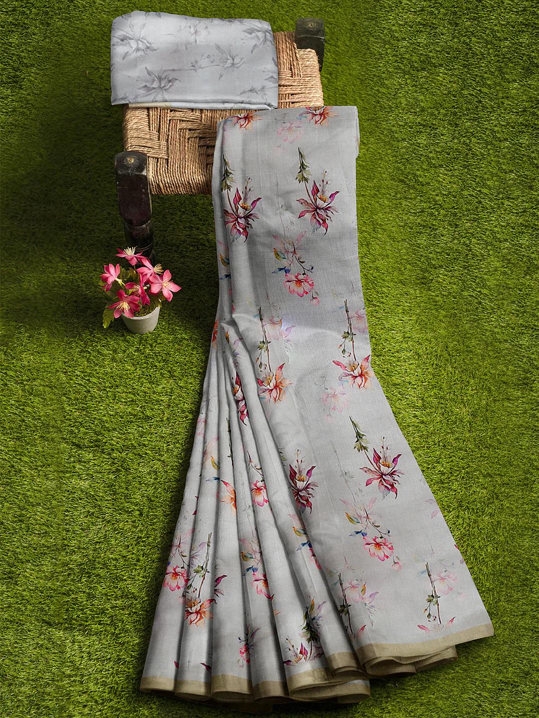 Women Silver Grey Semi Tussar Printed Saree ST249 - Image 6