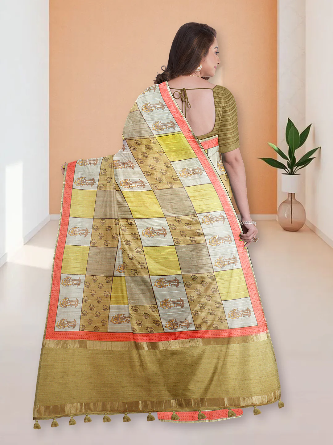 Women Mustard Yellow Semi Tussar Printed Saree ST296 - Image 3