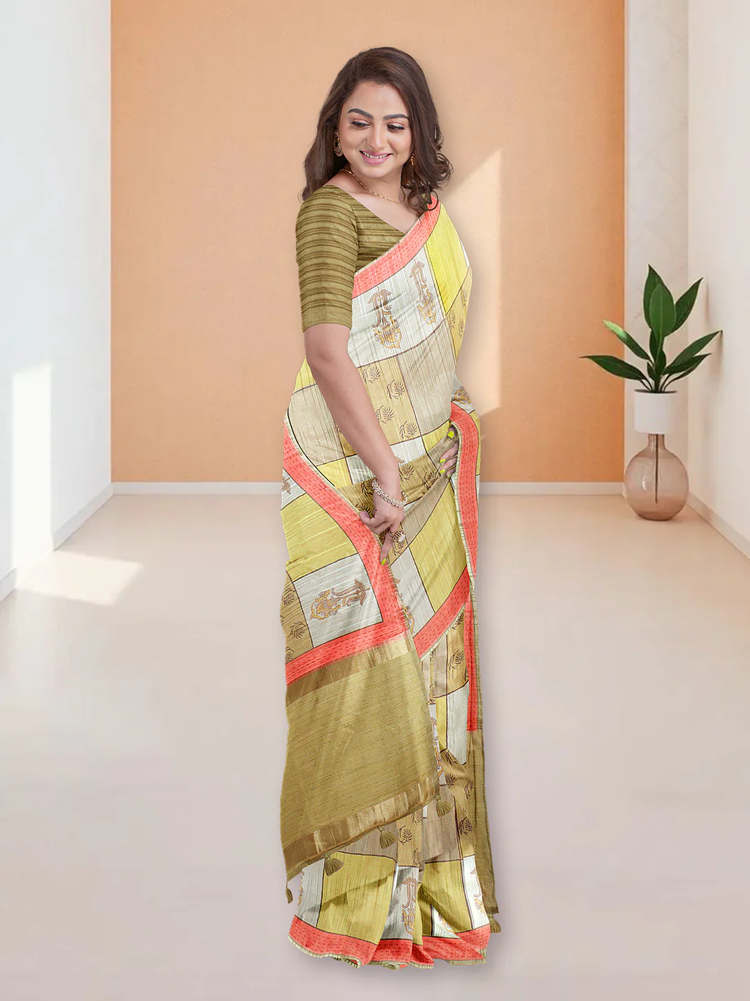 Women Mustard Yellow Semi Tussar Printed Saree ST296 - Image 5