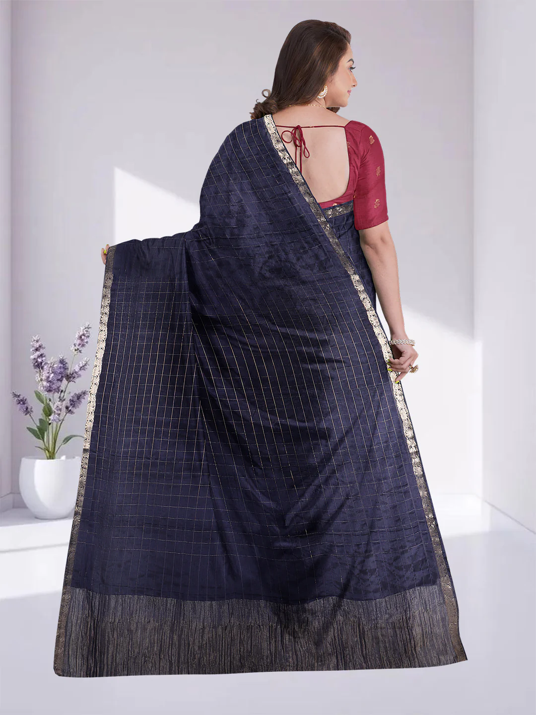 Women Navy Blue Semi Silk Saree SS346 - Image 3