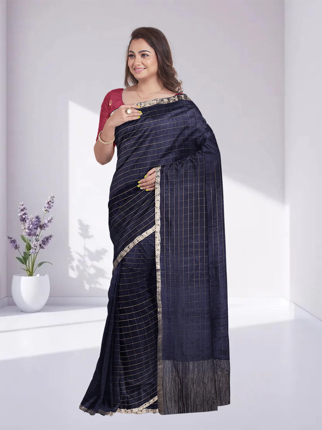 Women Navy Blue Semi Silk Saree SS346 - Image 5