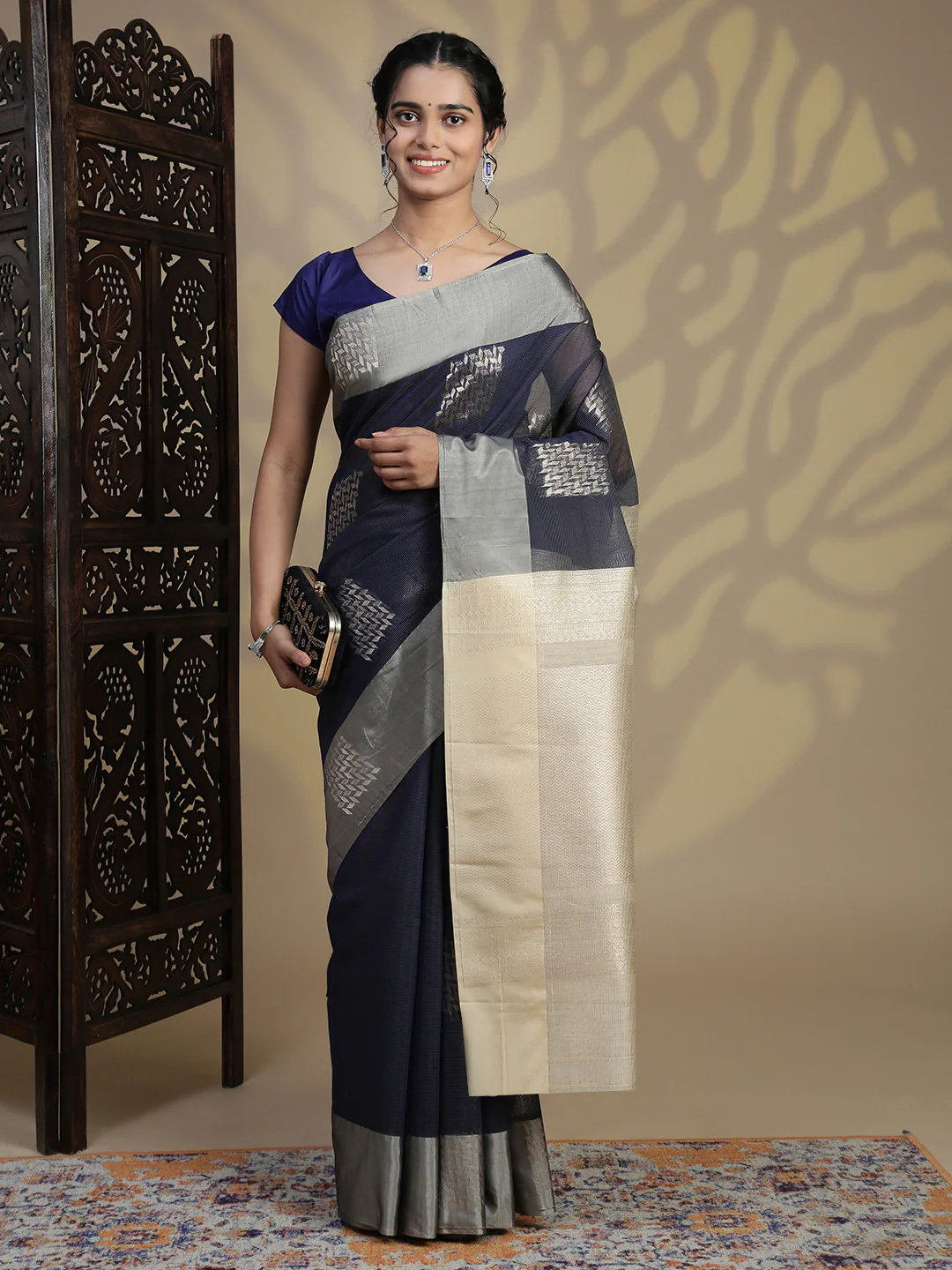 Women Navy Kora Cotton Saree SK102 - Image 2