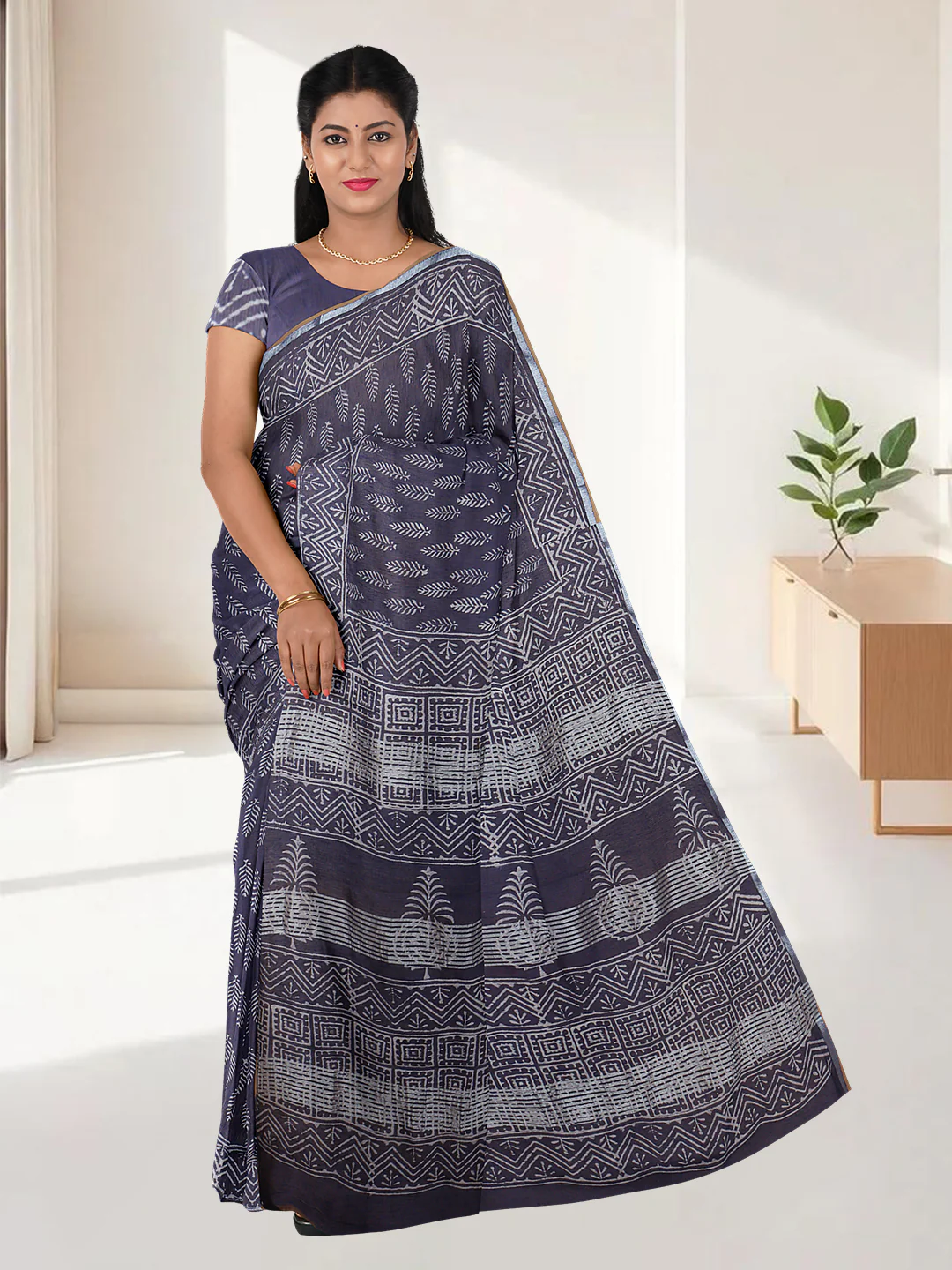 Women Navy Semi Tussar Printed Saree ST305