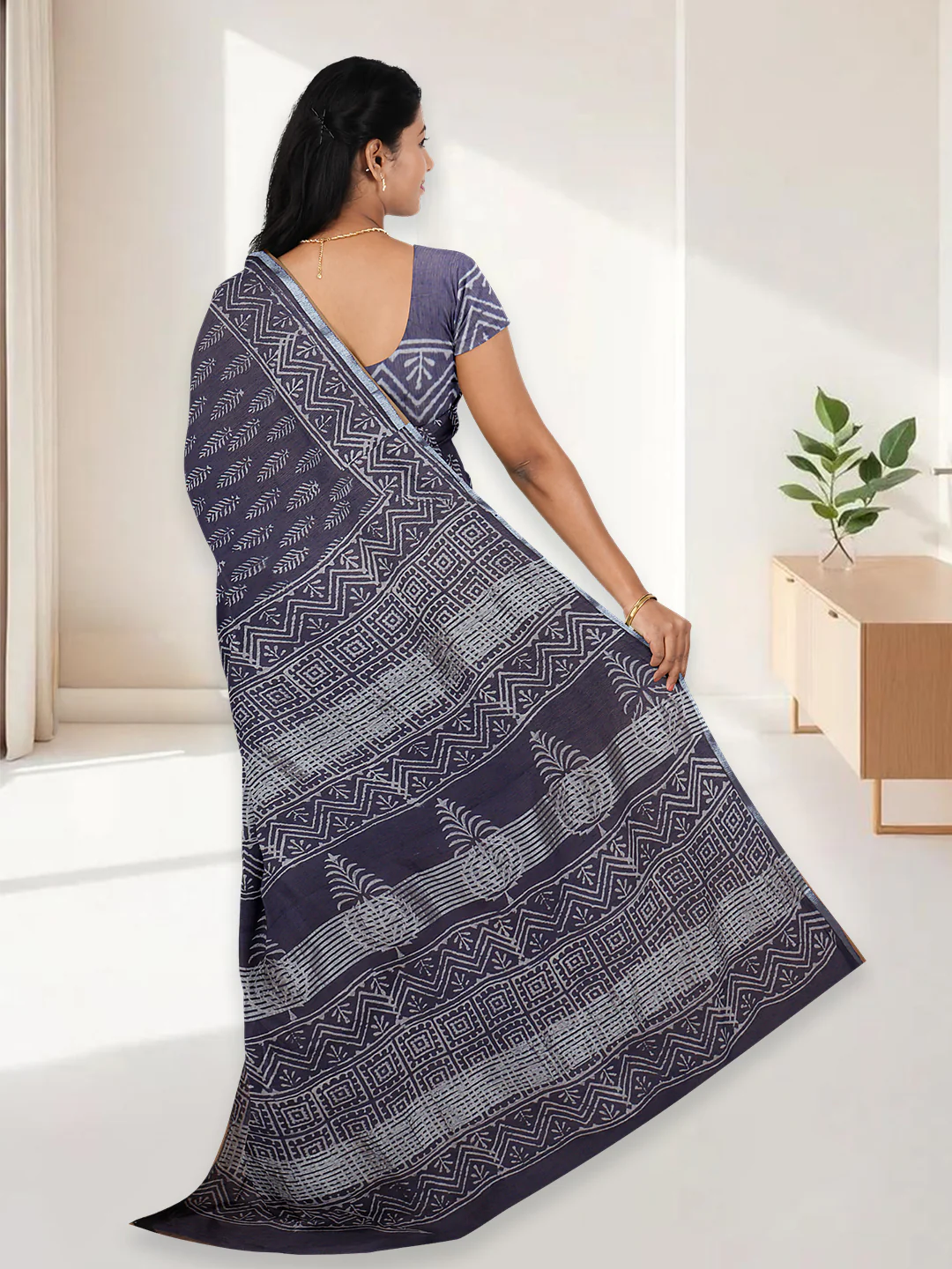 Women Navy Semi Tussar Printed Saree ST305 - Image 3