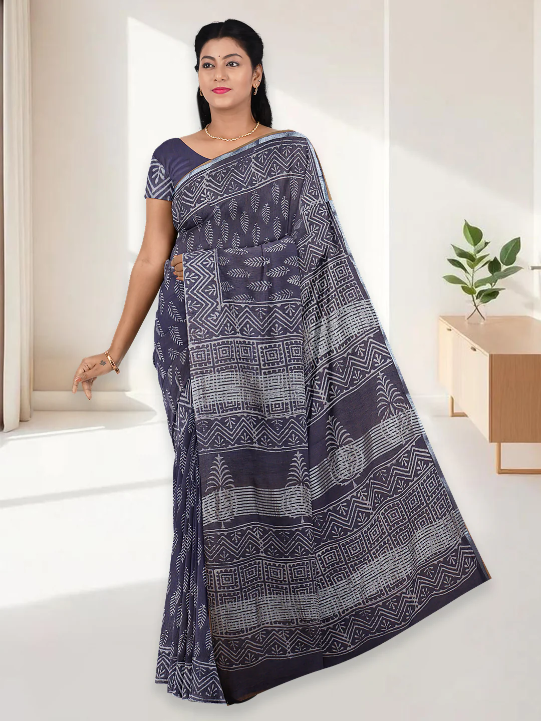Women Navy Semi Tussar Printed Saree ST305 - Image 4