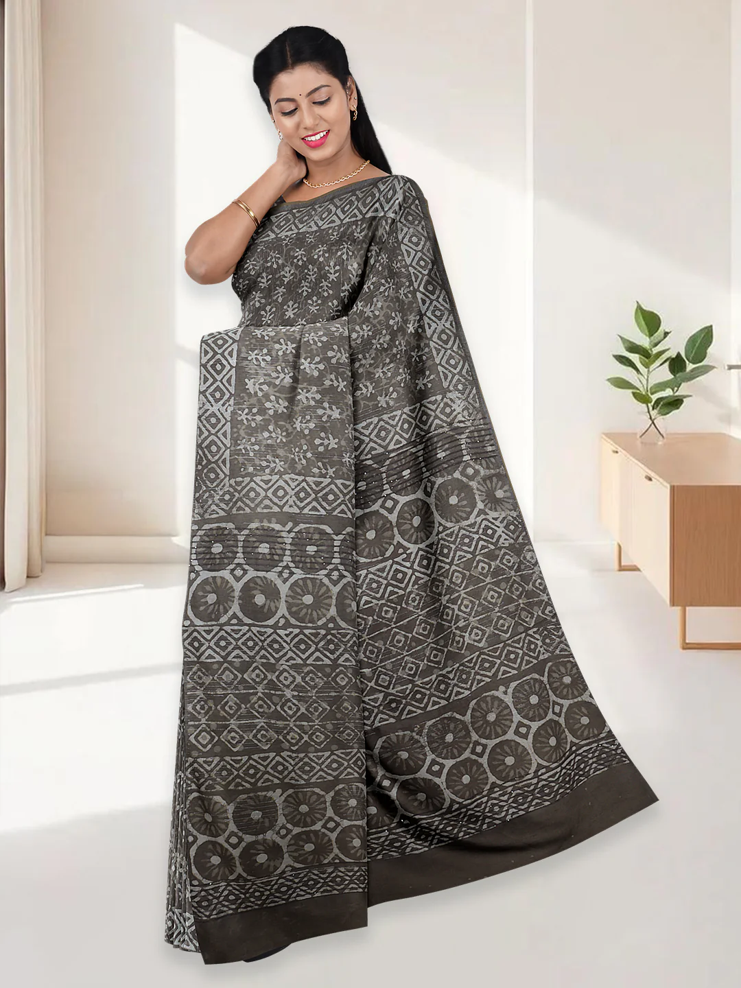 Women Olive Green Pure Cotton Saree PCS194 - Image 2