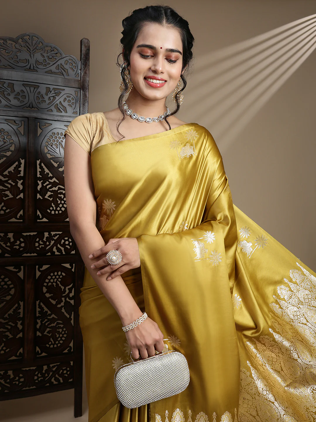 Women Olive Soft Silk Saree SS386 - Image 3