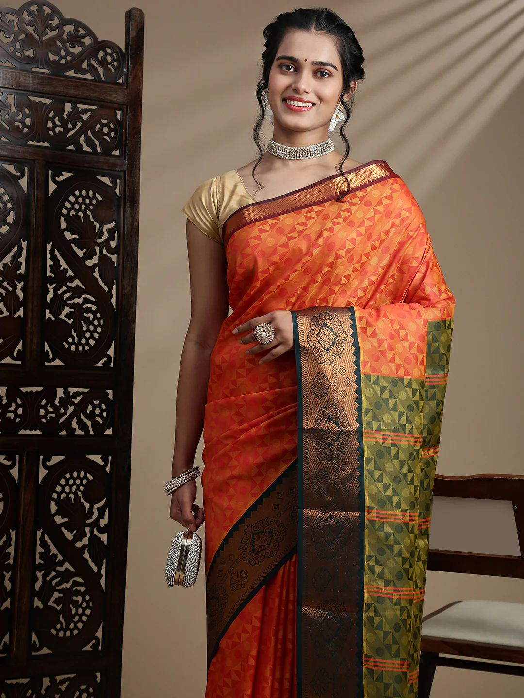Women Orange Art Silk Saree ASS120 - Image 2