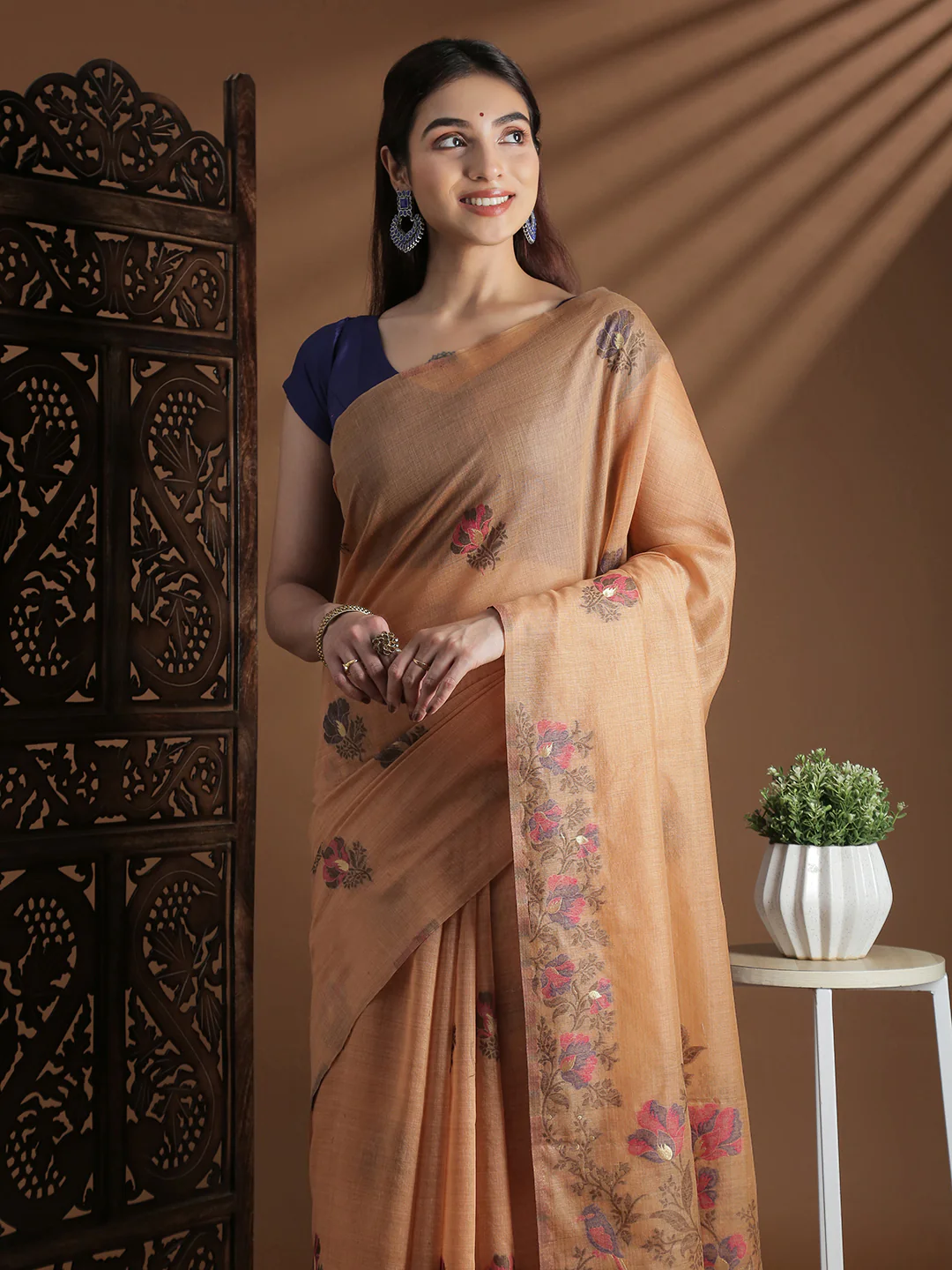 Women Orange Cotton Weaving Saree PCS249 - Image 2