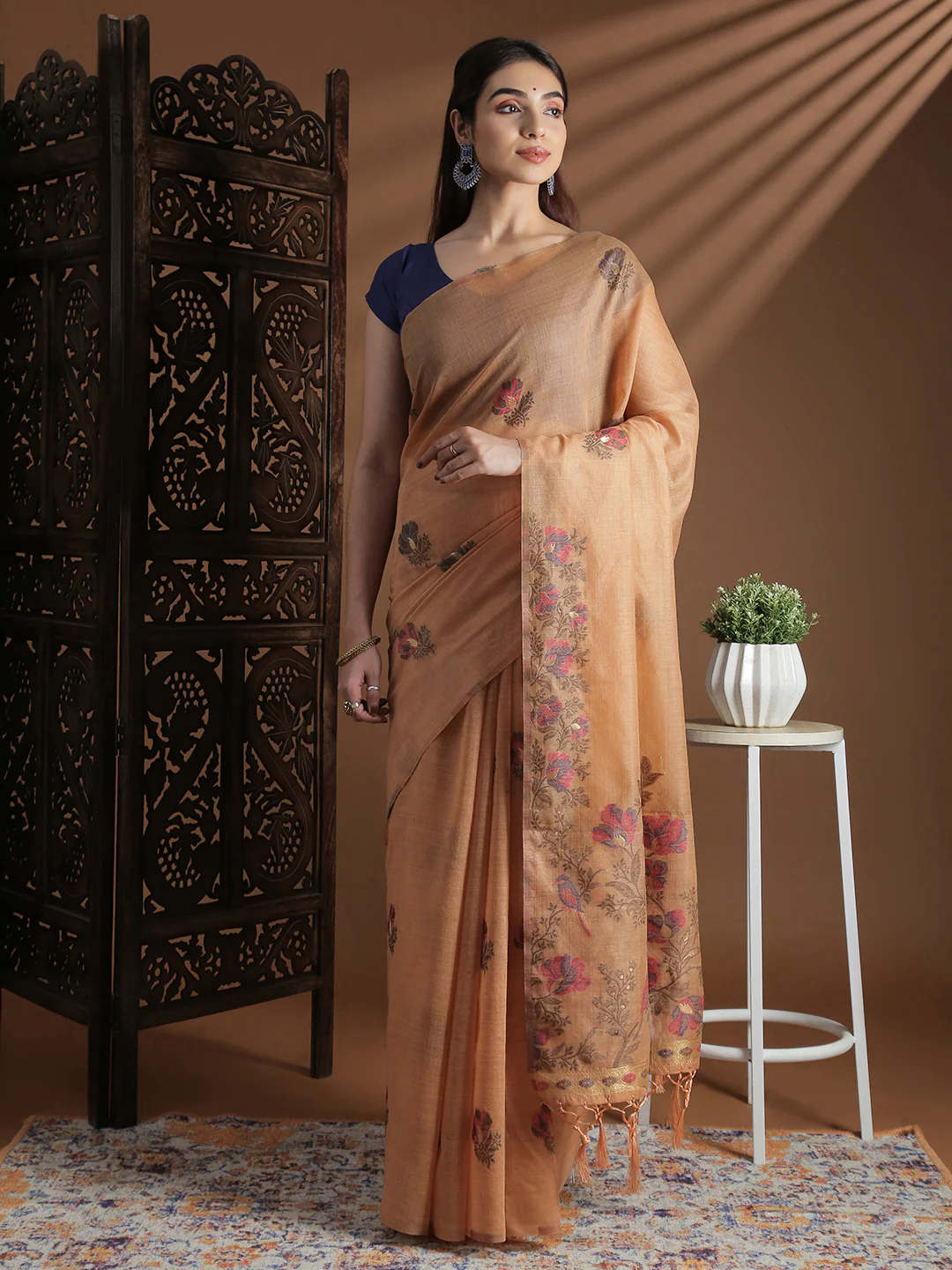 Women Orange Cotton Weaving Saree PCS249 - Image 7