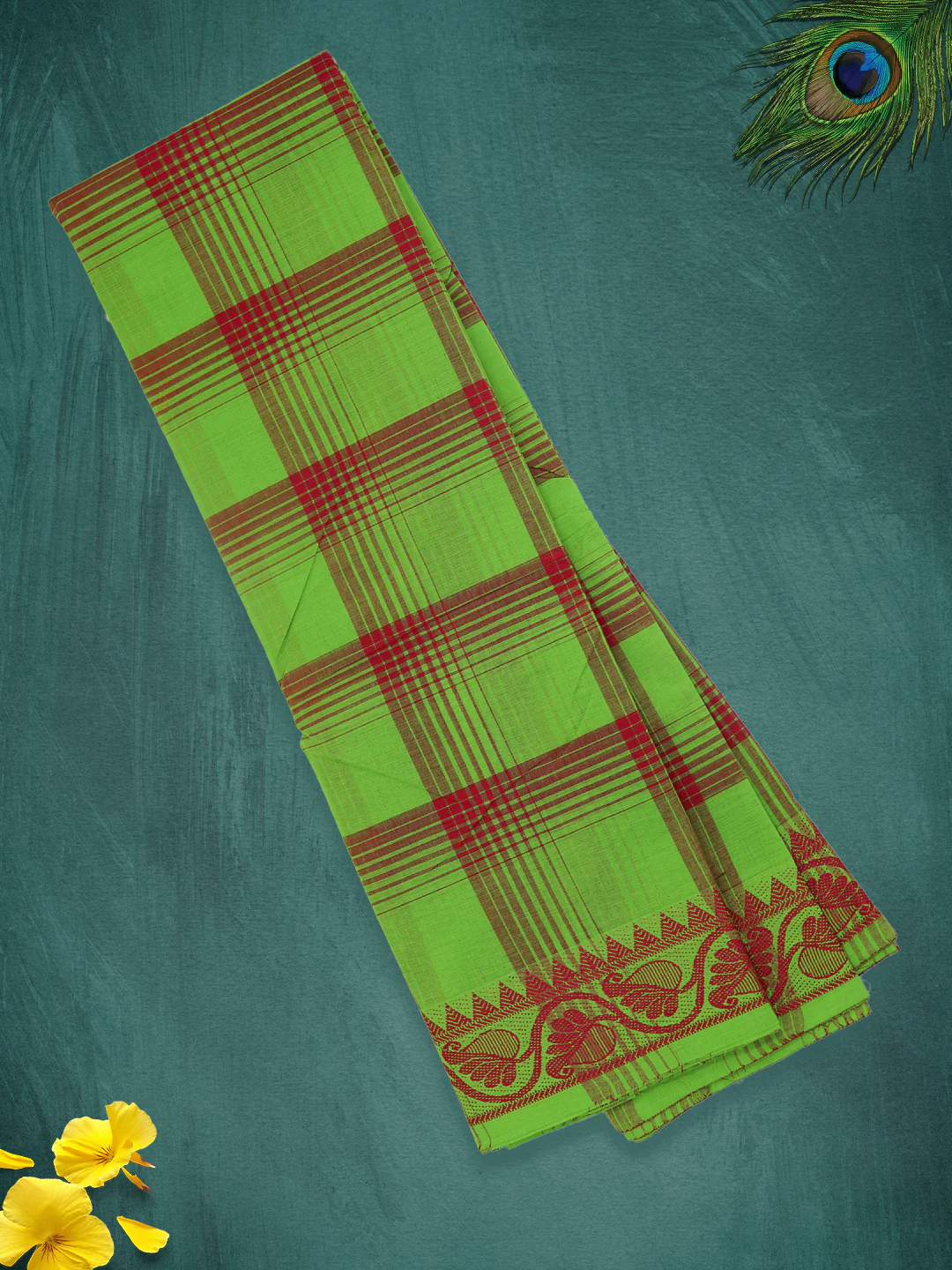 Women Parrot Green Checks Pure Chettinad Cotton Saree PCS232 - Image 2
