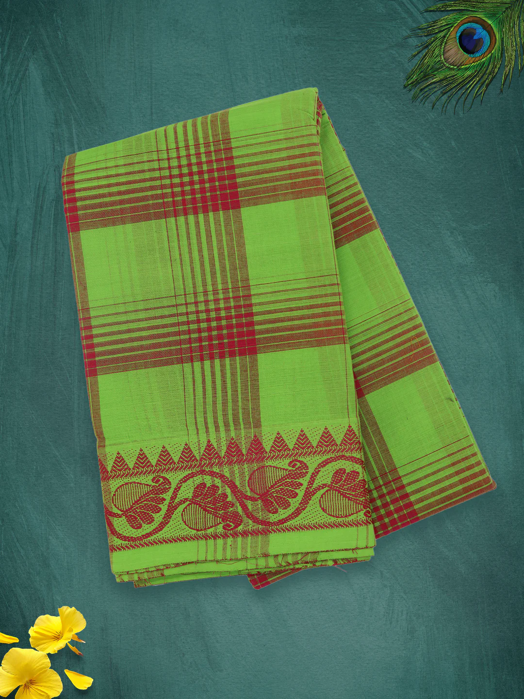 Women Parrot Green Checks Pure Chettinad Cotton Saree PCS232 - Image 3