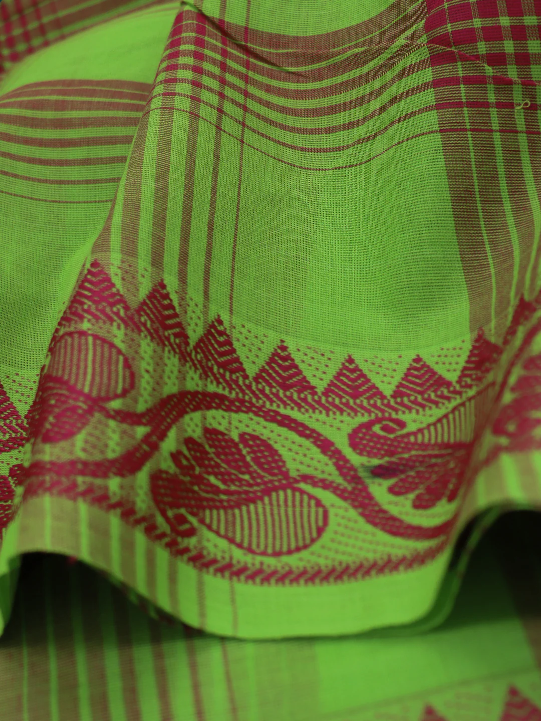Women Parrot Green Checks Pure Chettinad Cotton Saree PCS232 - Image 4