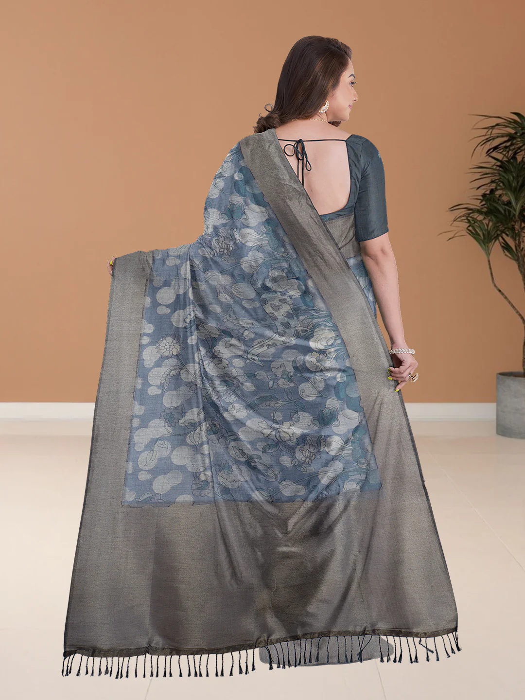 Women Pastel Blue Semi Tussar Printed Saree ST266 - Image 3