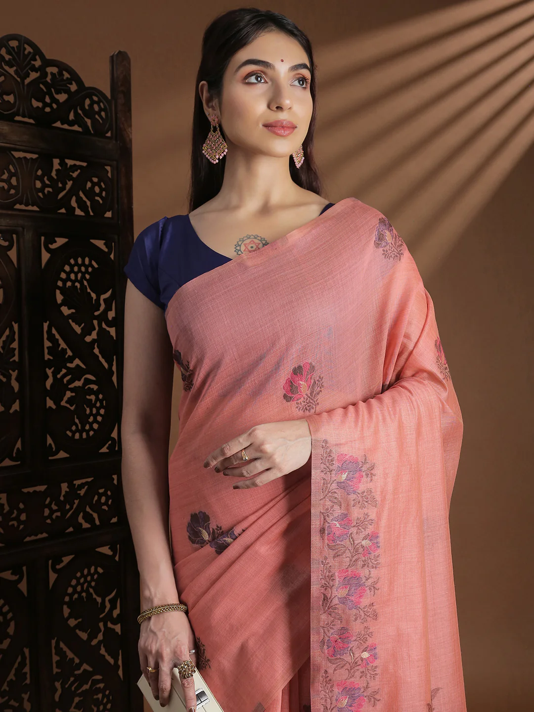 Women Peach Cotton Weaving Saree PCS245 - Image 2