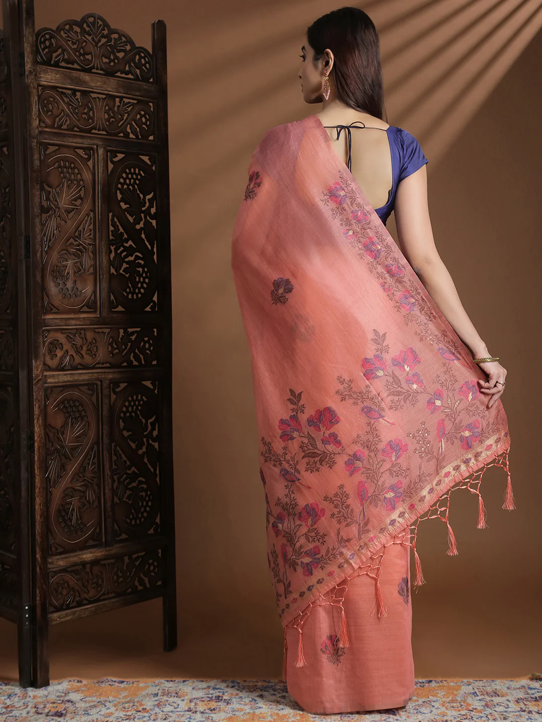 Women Peach Cotton Weaving Saree PCS245 - Image 3