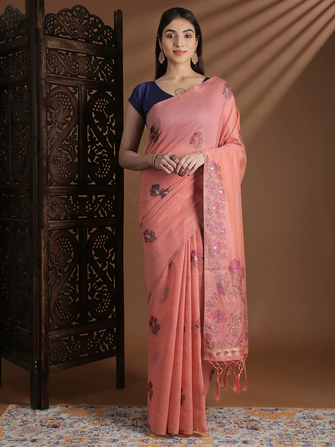 Women Peach Cotton Weaving Saree PCS245 - Image 4
