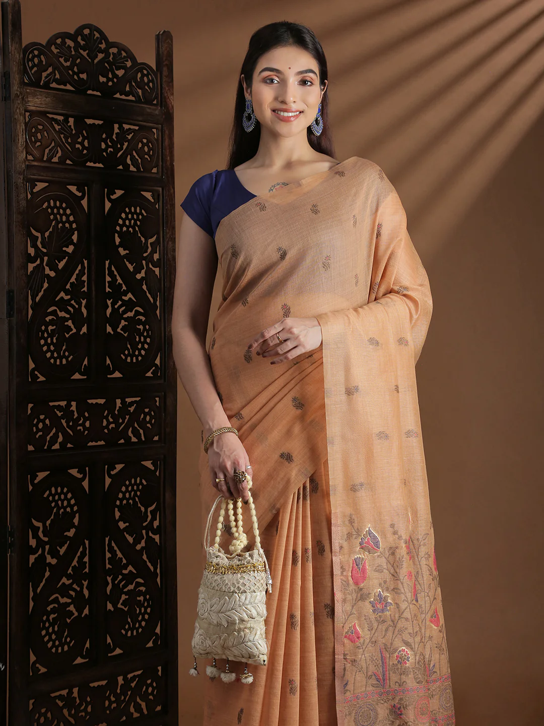 Women Peach Cotton Weaving Saree PCS254 - Image 2