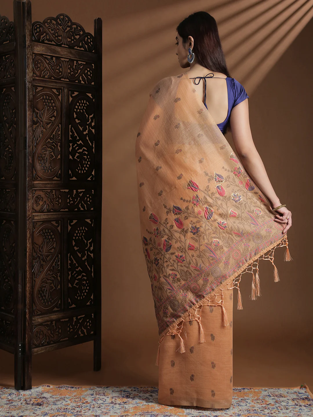 Women Peach Cotton Weaving Saree PCS254 - Image 3