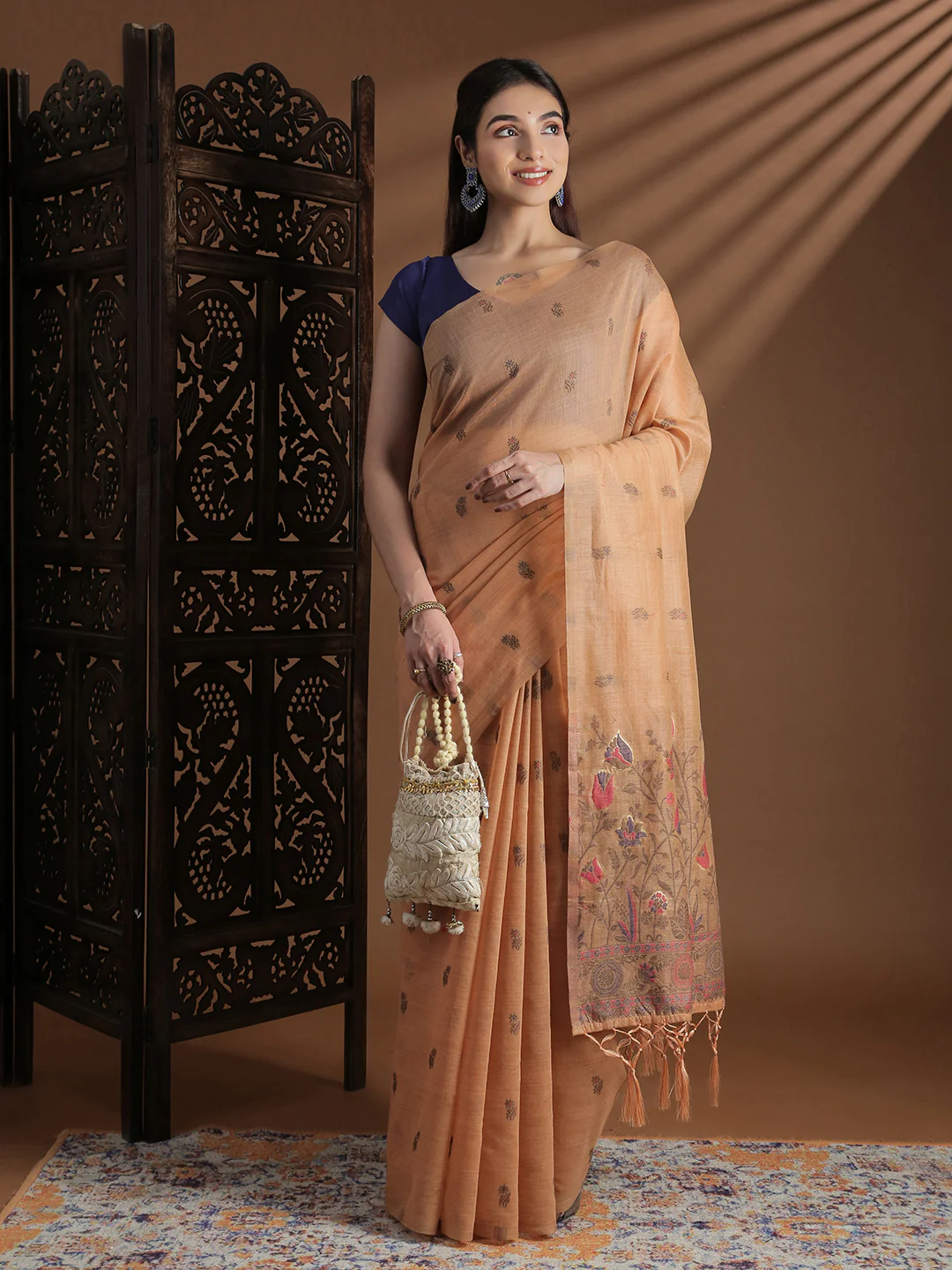Women Peach Cotton Weaving Saree PCS254 - Image 4