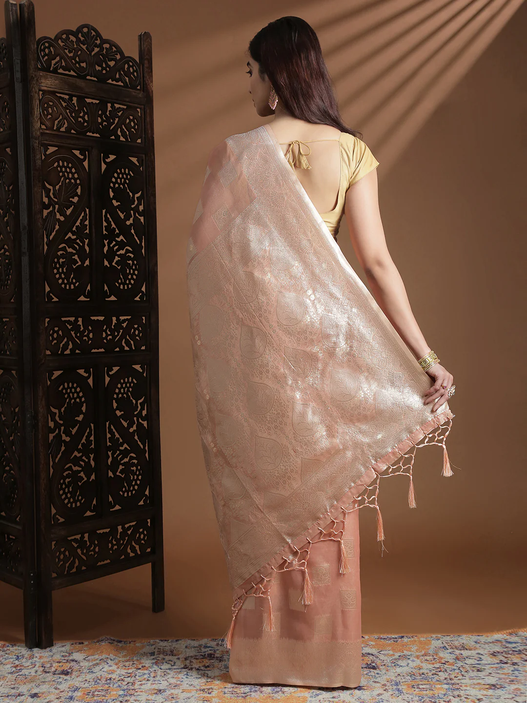 Women Peach Cotton Weaving Saree PCS260 - Image 3