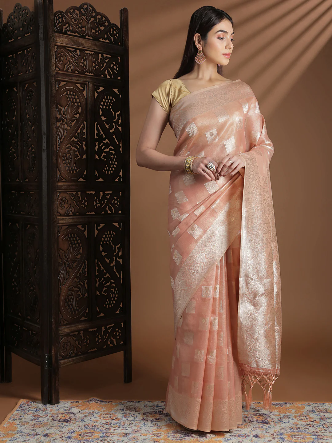 Women Peach Cotton Weaving Saree PCS260 - Image 4