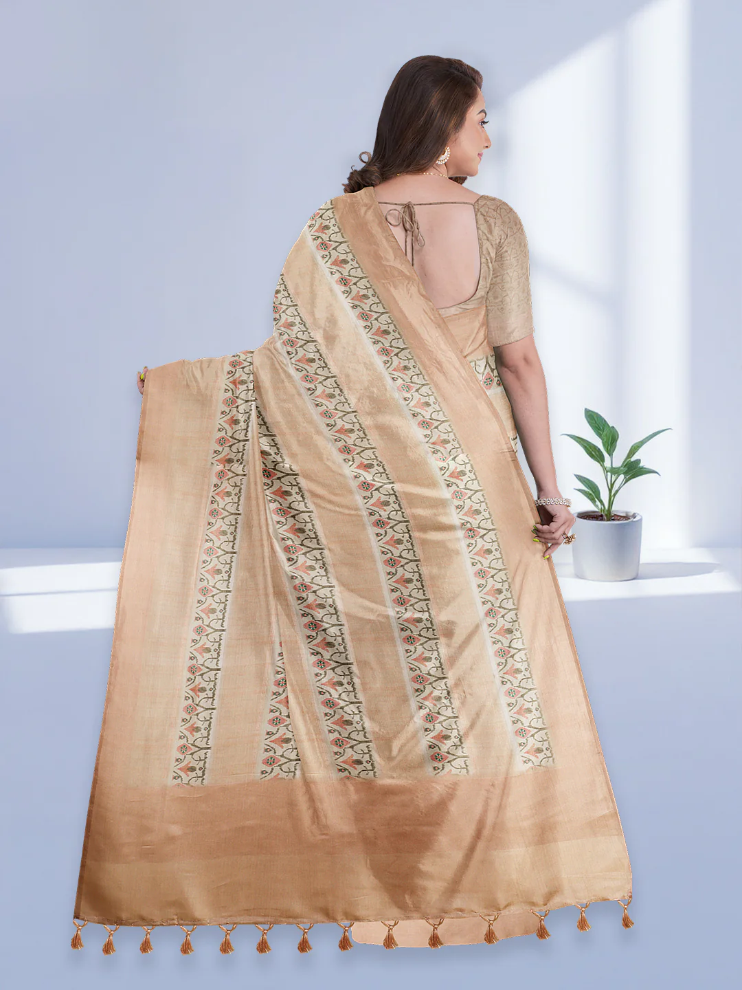 Women Peach Semi Tussar Printed Saree ST307 - Image 3