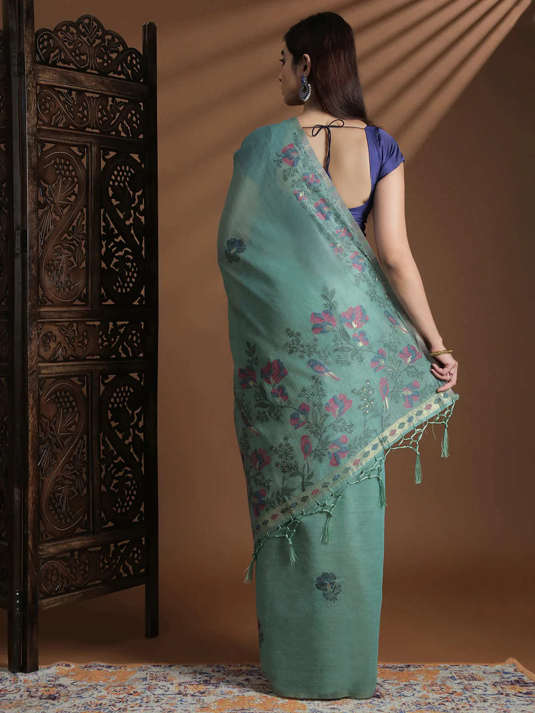 Women Pine Green Cotton Weaving Saree PCS252 - Image 4