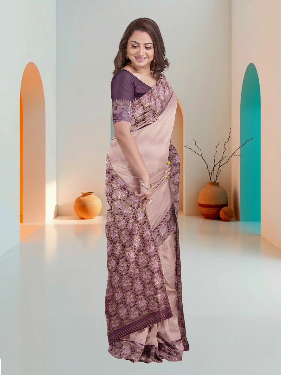 Women Pink Art Silk Printed Saree ASS70 - Image 3