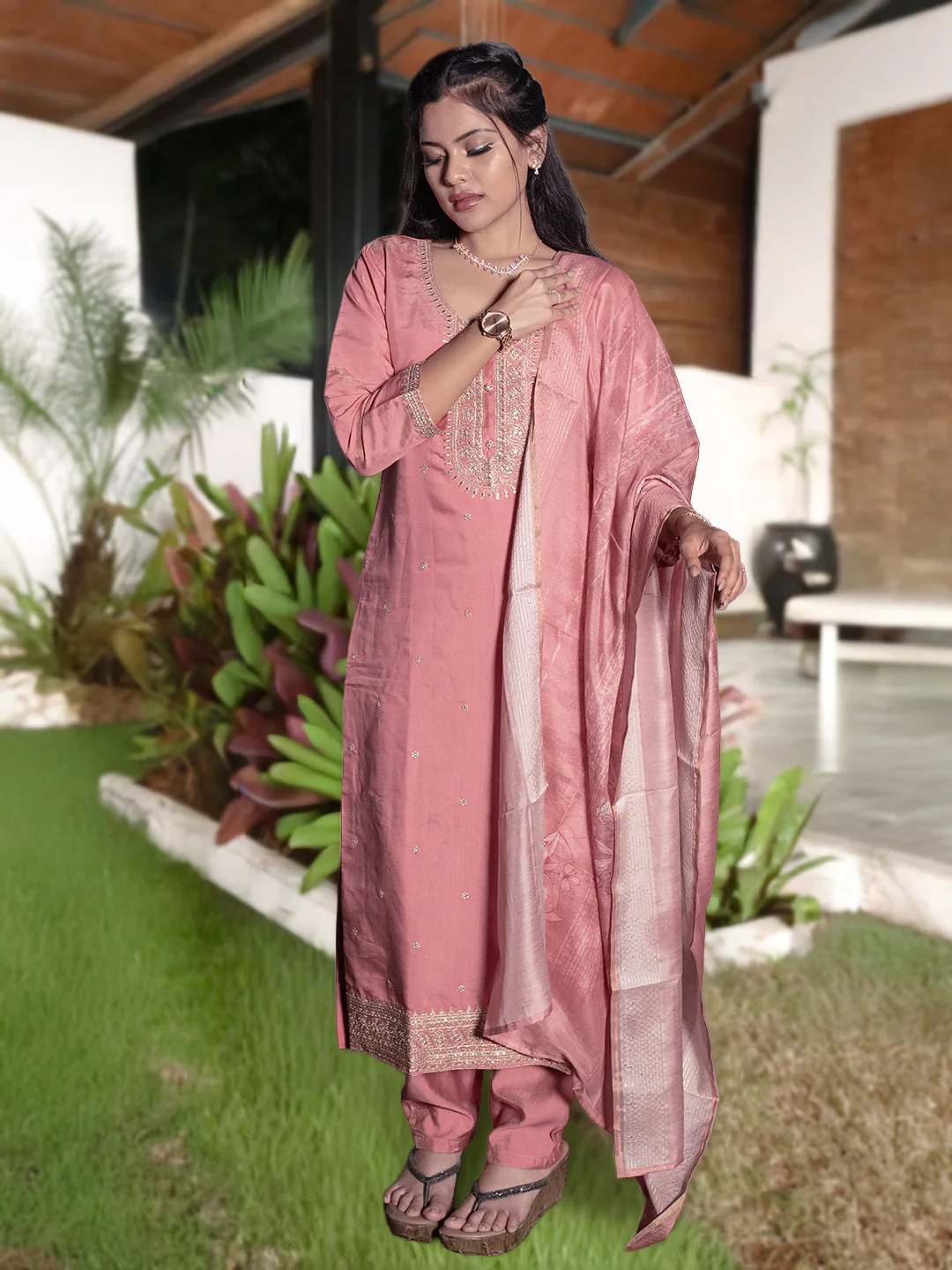 Women Pink MM Silk Embroidered Kurti Set EKS116 - Image 3
