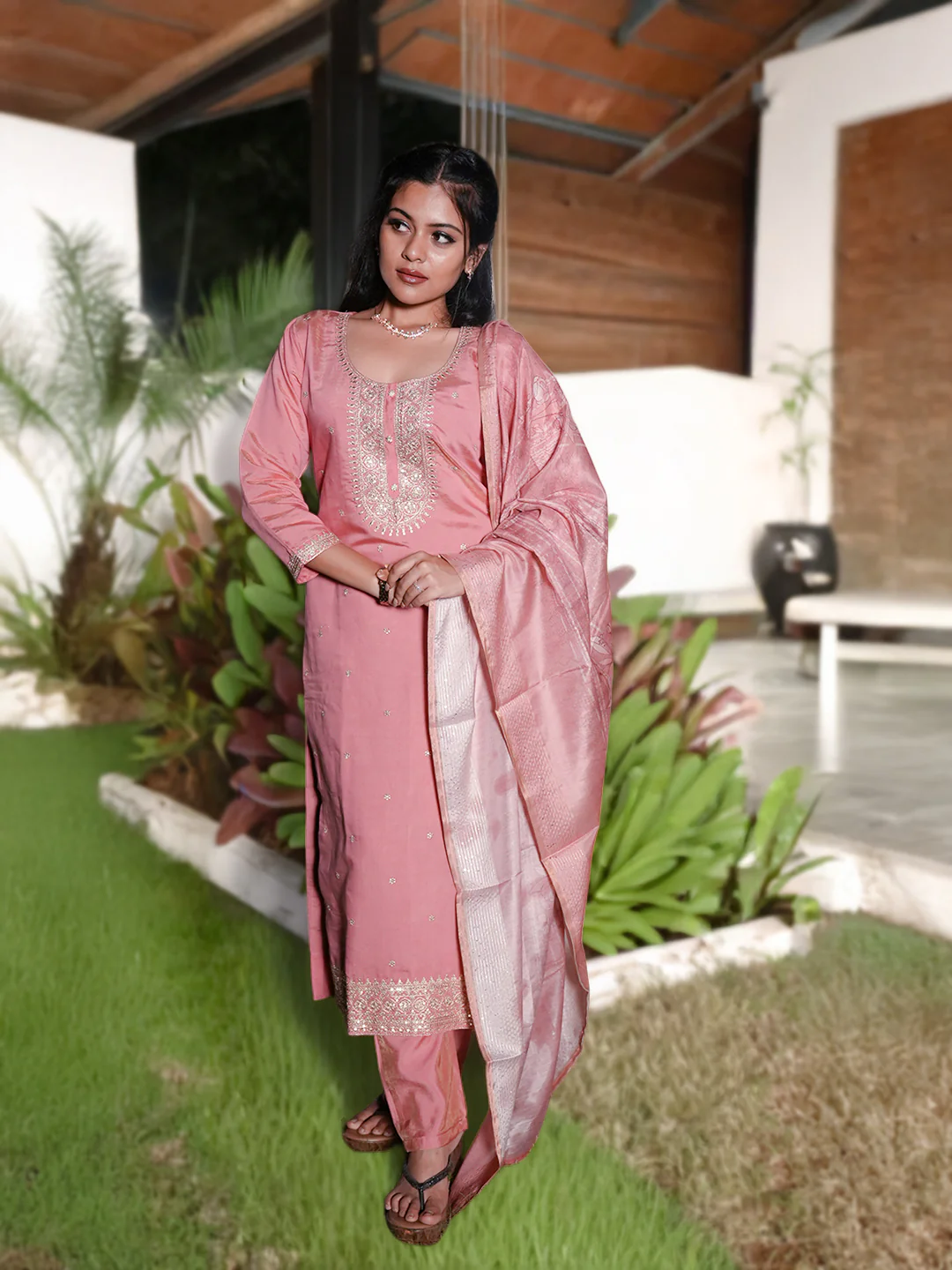 Women Pink MM Silk Embroidered Kurti Set EKS116 - Image 4