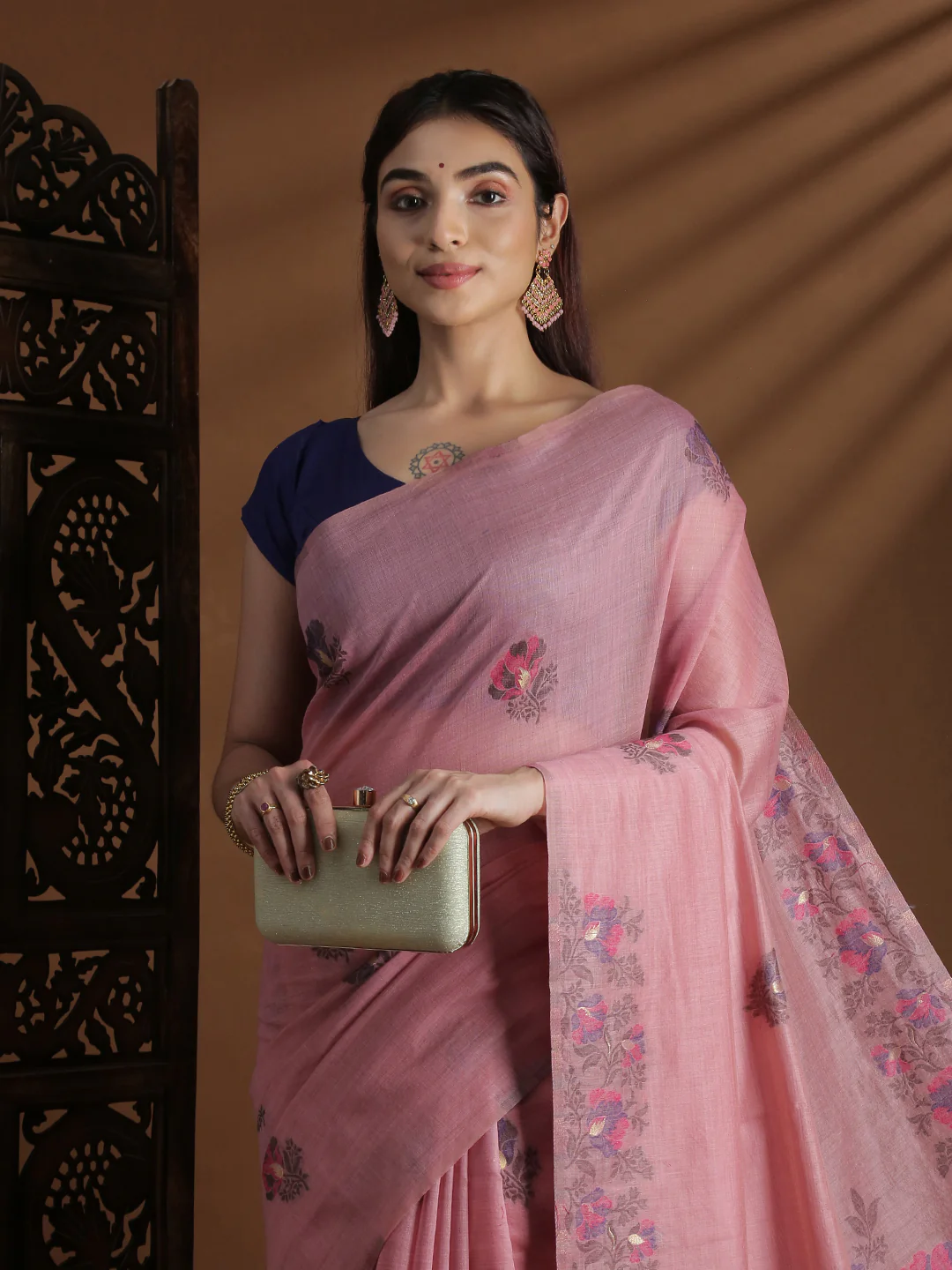 Women Pink Cotton Weaving Saree PCS246 - Image 2