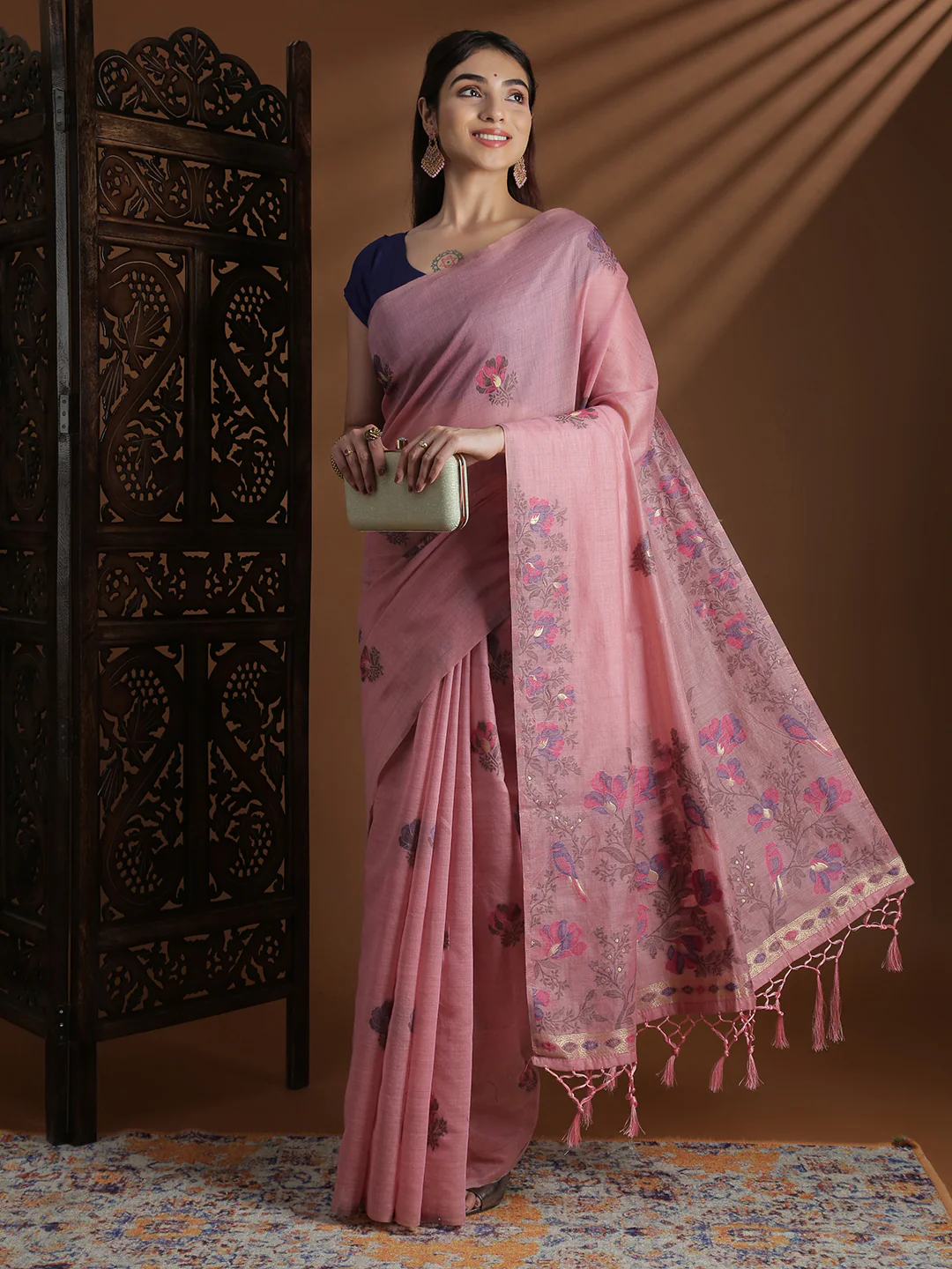 Women Pink Cotton Weaving Saree PCS246 - Image 7