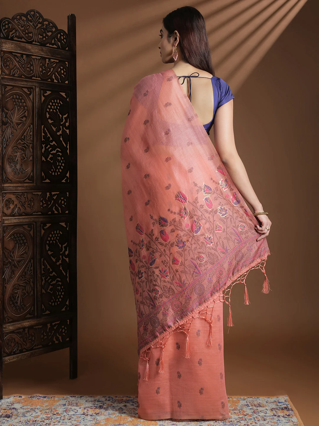 Women Peach Cotton Weaving Saree PCS247 - Image 3