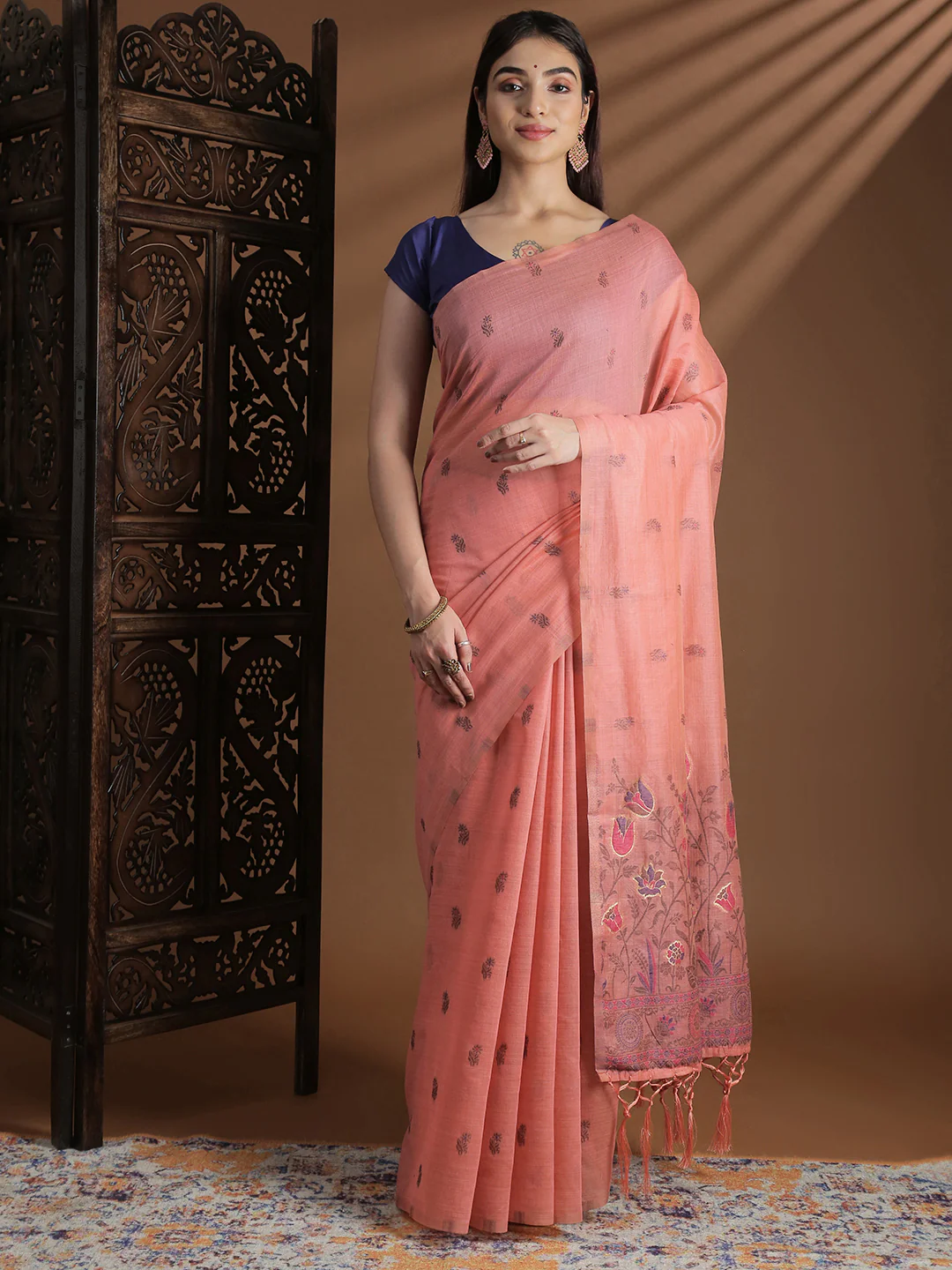 Women Peach Cotton Weaving Saree PCS247 - Image 4