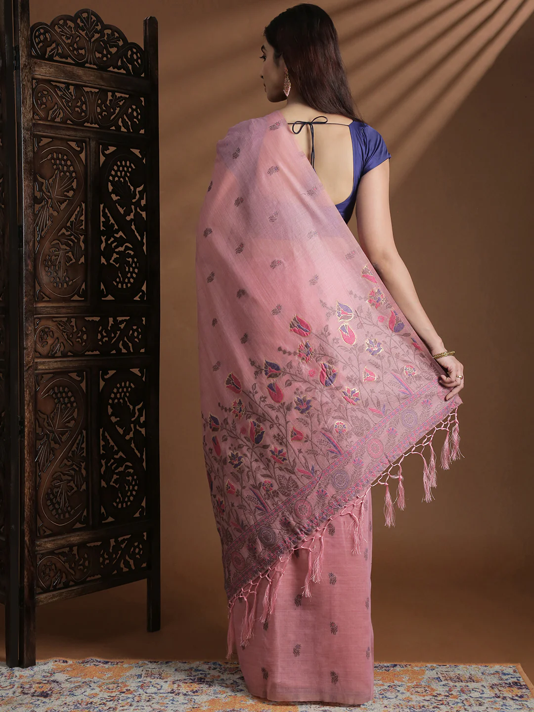 Women Pink Cotton Weaving Saree PCS253 - Image 3