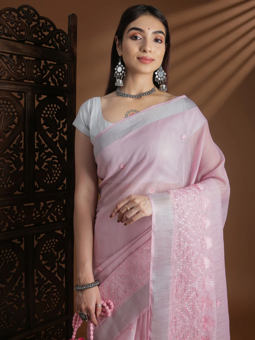 Women Pink Semi Linen Embroidered Saree SL241 - Image 2