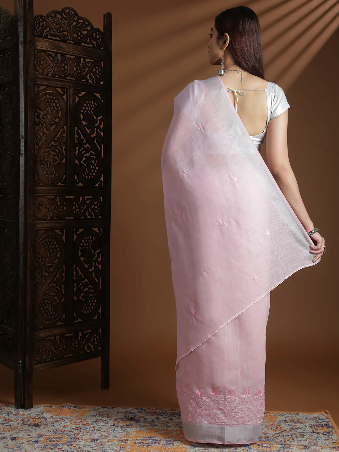 Women Pink Semi Linen Embroidered Saree SL241 - Image 3