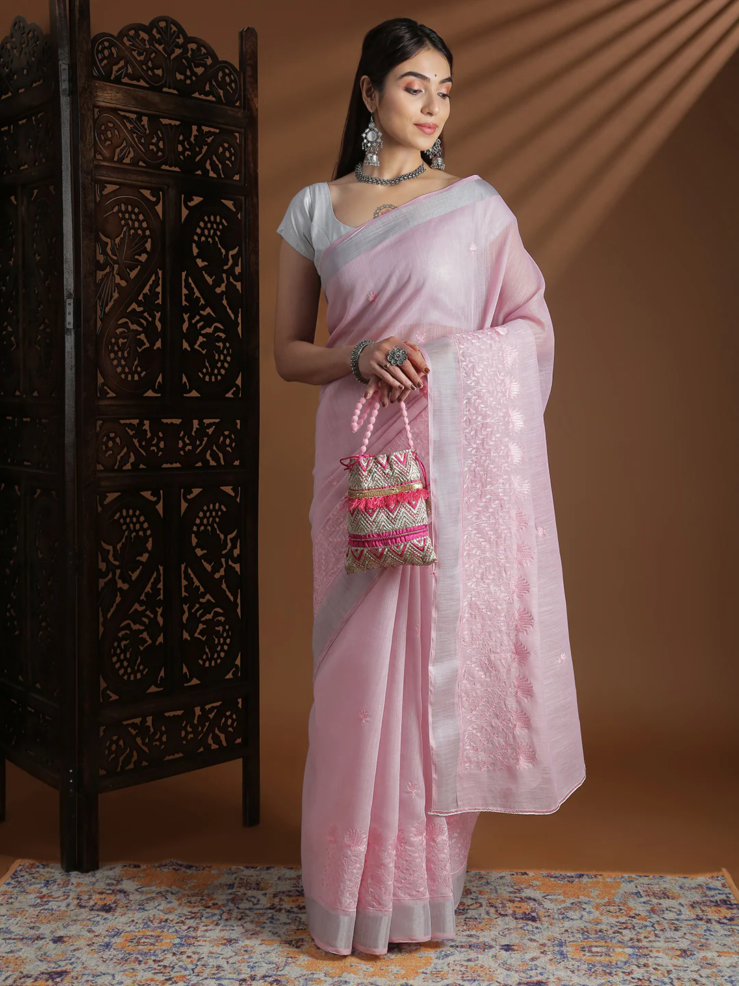 Women Pink Semi Linen Embroidered Saree SL241 - Image 4