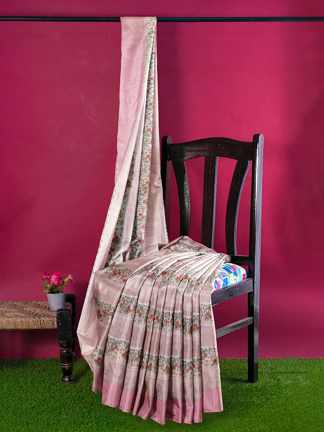 Women Pink Semi Tussar Printed Saree ST284 - Image 2