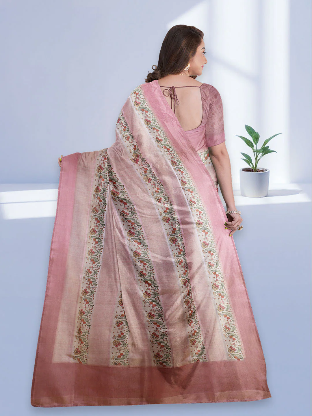 Women Pink Semi Tussar Printed Saree ST284 - Image 3