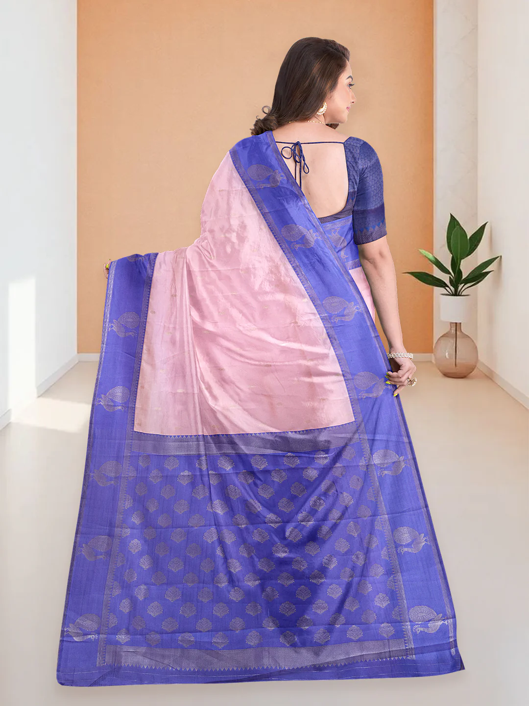 Women Pink with Blue Art Silk Saree ASS96 - Image 4