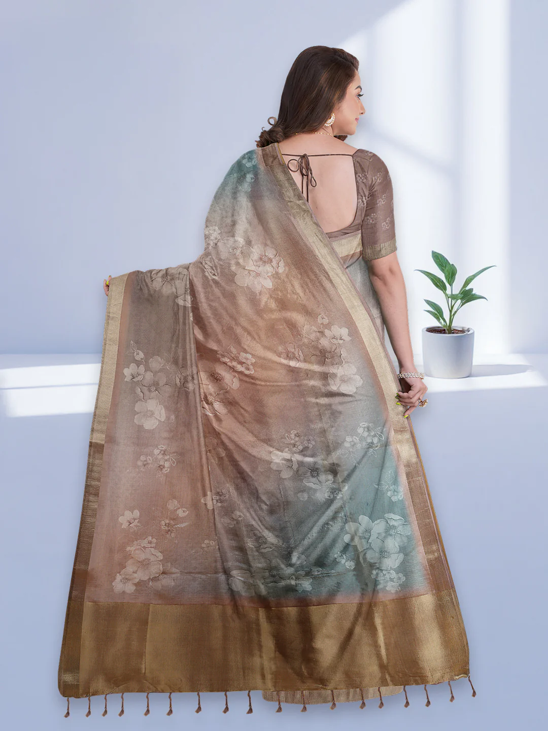 Women Pink with Blue Tissue Saree TS52 - Image 4