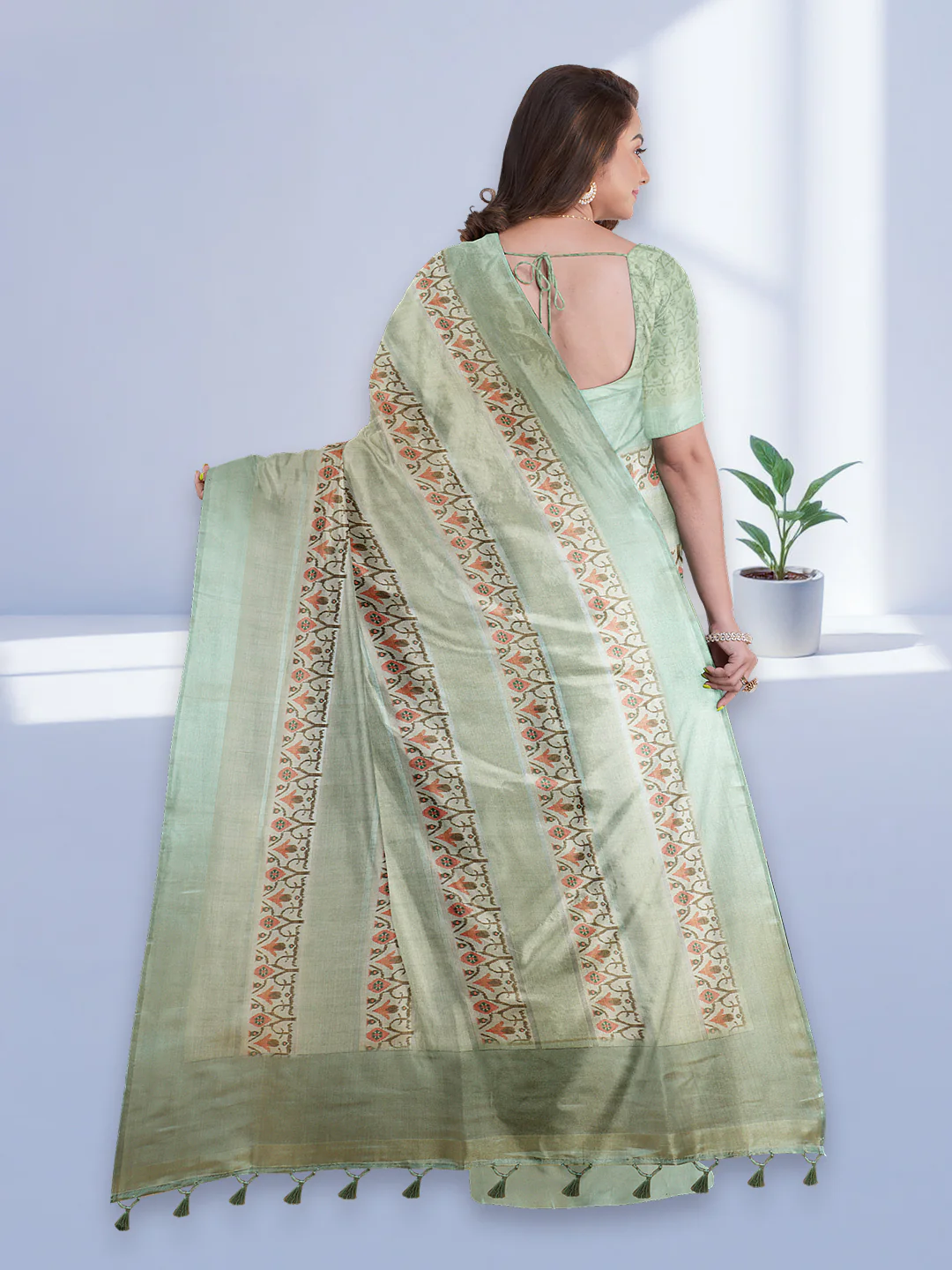 Women Pista Green Semi Tussar Printed Saree ST281 - Image 3
