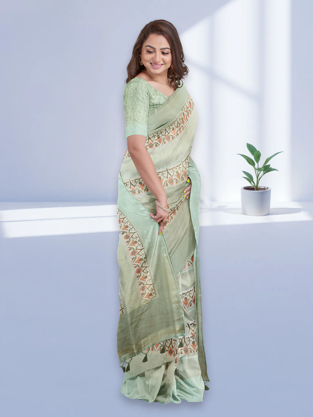 Women Pista Green Semi Tussar Printed Saree ST281 - Image 4